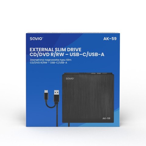 SAVIO NAGRYWARKA ZEWNĘTRZNA TYPU SLIM CD/DVD R/RW - USB C/USB-A, AK-59 SAVIO NAGRYWARKA ZEWNĘTRZNA TYPU SLIM CD/DVD R/RW - USB C/USB-A, AK-59
