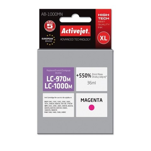 Activejet AB-1000MN Tusz (zamiennik do Brother LC1000M/970M; Supreme; 35 ml; czerwony). Drukuje więcej o 550%. Activejet AB-1000MN Tusz (zamiennik do Brother LC1000M/970M; Supreme; 35 ml; czerwony). Drukuje więcej o 550%.