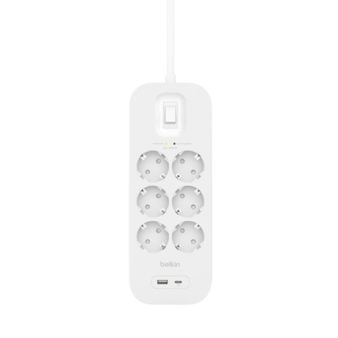 Listwa zasilająca Belkin Power Surge 6-PORT + 1xUSB-A +1xUSB-C 2.4A PD 650J 2m White Schuko Listwa zasilająca Belkin Power Surge 6-PORT + 1xUSB-A +1xUSB-C 2.4A PD 650J 2m White Schuko