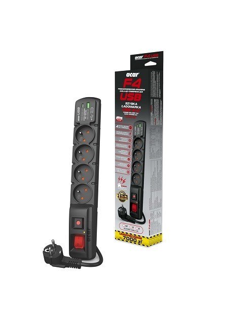 Listwa przeciwprzepięciowa Acar F4 USB A+C (szybka ładowarka) 5m ; czarny Listwa przeciwprzepięciowa Acar F4 USB A+C (szybka ładowarka) 5m ; czarny