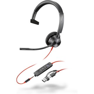 POLY Jednouszny zestaw słuchawkowy Blackwire 3315 USB-C z certyfikatem Microsoft Teams + wtyczka 3,5 mm + przejściówka USB-C/A