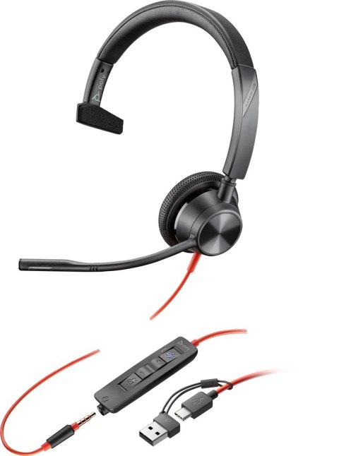 POLY Jednouszny zestaw słuchawkowy Blackwire 3315 USB-C z certyfikatem Microsoft Teams + wtyczka 3,5 mm + przejściówka USB-C/A POLY Jednouszny zestaw słuchawkowy Blackwire 3315 USB-C z certyfikatem Microsoft Teams + wtyczka 3,5 mm + przejściówka USB-C/A
