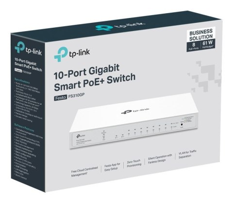 TP-Link FESTA FS310GP łącza sieciowe Zarządzany L2/L2+ Gigabit Ethernet (10/100/1000) Obsługa PoE 1U Biały TP-Link FESTA FS310GP łącza sieciowe Zarządzany L2/L2+ Gigabit Ethernet (10/100/1000) Obsługa PoE 1U Biały