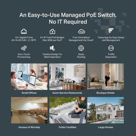 TP-Link FESTA FS310GP łącza sieciowe Zarządzany L2/L2+ Gigabit Ethernet (10/100/1000) Obsługa PoE 1U Biały TP-Link FESTA FS310GP łącza sieciowe Zarządzany L2/L2+ Gigabit Ethernet (10/100/1000) Obsługa PoE 1U Biały