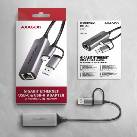 Karta sieciowa AXAGON ADE-TXCA Gigabit Ethernet, USB-C + USB-A - Titanium Grey Karta sieciowa AXAGON ADE-TXCA Gigabit Ethernet, USB-C + USB-A - Titanium Grey