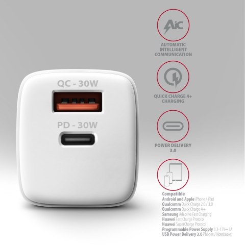 Axagon ACU-PQ30W Ladegerät QC3.0.4.0/AFC/FCP/PPS/Apple+ PD USB-C 30W - weiß - USB Typ C Telefon komórkowy, Smartfon, Smartwatch, Axagon ACU-PQ30W Ladegerät QC3.0.4.0/AFC/FCP/PPS/Apple+ PD USB-C 30W - weiß - USB Typ C Telefon komórkowy, Smartfon, Smartwatch,