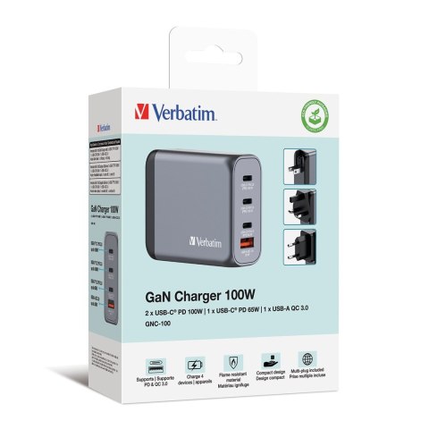 Ładowarka sieciowa Verbatim GaN GNC-100 4-PORT 100W/USB A/C (EU/UK/US) Ładowarka sieciowa Verbatim GaN GNC-100 4-PORT 100W/USB A/C (EU/UK/US)