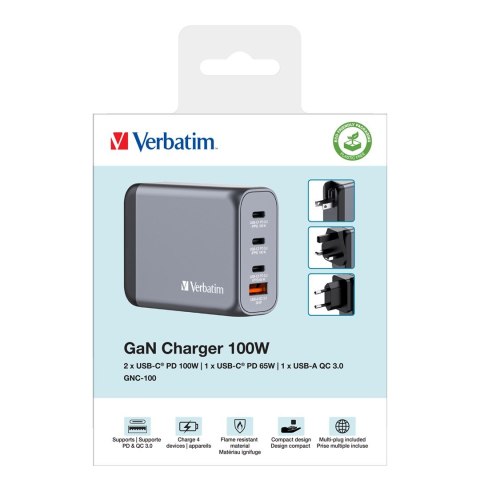 Ładowarka sieciowa Verbatim GaN GNC-100 4-PORT 100W/USB A/C (EU/UK/US) Ładowarka sieciowa Verbatim GaN GNC-100 4-PORT 100W/USB A/C (EU/UK/US)