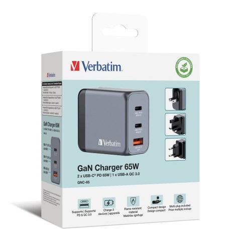 Ładowarka sieciowa Verbatim GaN GNC-65 2xUSB-C Uniwersalna Ładowarka sieciowa Verbatim GaN GNC-65 2xUSB-C Uniwersalna