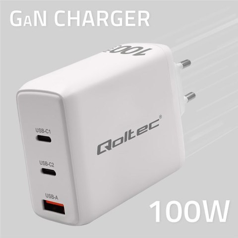 Qoltec Ładowarka sieciowa 100W GaN | 5-20V | 1.5-5A | 2 x USB-C PD | 1 x USB QC 3.0 | Biała Qoltec Ładowarka sieciowa 100W GaN | 5-20V | 1.5-5A | 2 x USB-C PD | 1 x USB QC 3.0 | Biała