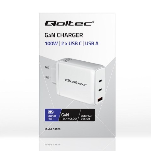 Qoltec Ładowarka sieciowa 100W GaN | 5-20V | 1.5-5A | 2 x USB-C PD | 1 x USB QC 3.0 | Biała Qoltec Ładowarka sieciowa 100W GaN | 5-20V | 1.5-5A | 2 x USB-C PD | 1 x USB QC 3.0 | Biała