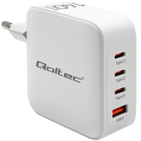 Qoltec Ładowarka sieciowa 140W GaN | 5-20V | 2.5-5A | 3 x USB-C PD | 1 x USB QC 3.0 | Biała Qoltec Ładowarka sieciowa 140W GaN | 5-20V | 2.5-5A | 3 x USB-C PD | 1 x USB QC 3.0 | Biała