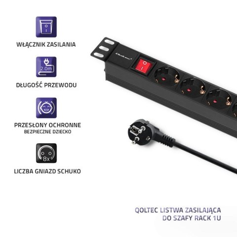Listwa zasilająca Qoltec do szafy RACK 1U 8 gniazd Schuko (2m) czarna Listwa zasilająca Qoltec do szafy RACK 1U 8 gniazd Schuko (2m) czarna