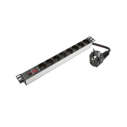 Sieci SOMI | Aluminiowy panel zasilający 1U, 19", 8x Schuko | PDU08SASO | Srebro | Z przełącznikiem i zabezpieczeniem przeciwprz