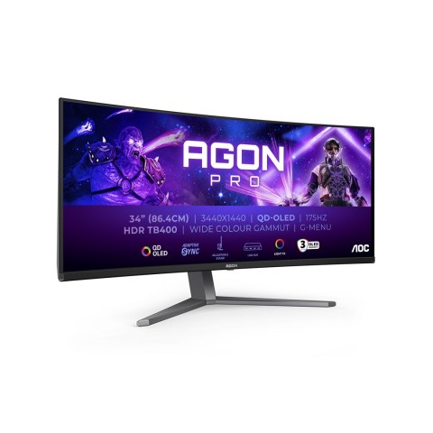 AOC AGON PRO AG346UCD monitor komputerowy 86,4 cm (34") 3440 x 1440 px Wide Quad HD QD-OLED Czarny, Szary AOC AGON PRO AG346UCD monitor komputerowy 86,4 cm (34") 3440 x 1440 px Wide Quad HD QD-OLED Czarny, Szary