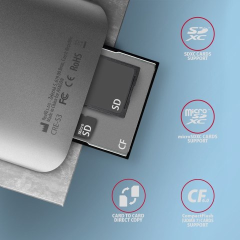 Axagon CRE-S3 External card reader USB-A 3.2 Gen 1 3-slot & lun SD/microSD/CF czytnik kart USB 3.2 Gen 1 (3.1 Gen 1) Type-A Szar Axagon CRE-S3 External card reader USB-A 3.2 Gen 1 3-slot & lun SD/microSD/CF czytnik kart USB 3.2 Gen 1 (3.1 Gen 1) Type-A Szar