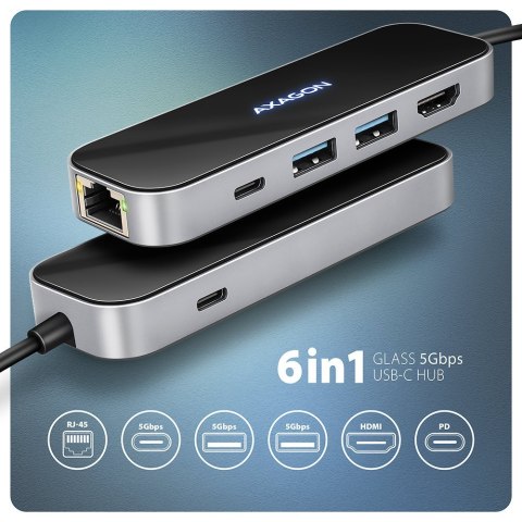 AXAGON HMC-6GLN Hub USB, 2x USB-A, 1x USB-C, 1x HDMI 2.0, 1x RJ45, 100 W PD - srebrny AXAGON HMC-6GLN Hub USB, 2x USB-A, 1x USB-C, 1x HDMI 2.0, 1x RJ45, 100 W PD - srebrny