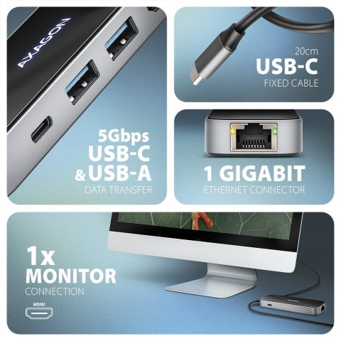 AXAGON HMC-6GLN Hub USB, 2x USB-A, 1x USB-C, 1x HDMI 2.0, 1x RJ45, 100 W PD - srebrny AXAGON HMC-6GLN Hub USB, 2x USB-A, 1x USB-C, 1x HDMI 2.0, 1x RJ45, 100 W PD - srebrny