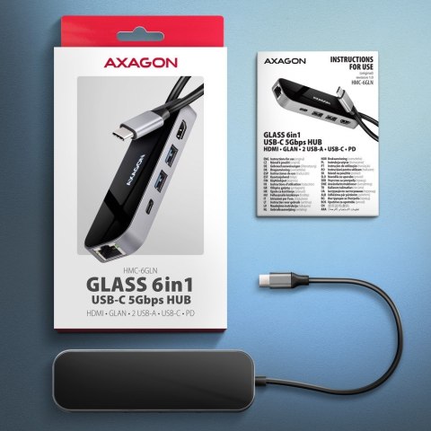 AXAGON HMC-6GLN Hub USB, 2x USB-A, 1x USB-C, 1x HDMI 2.0, 1x RJ45, 100 W PD - srebrny AXAGON HMC-6GLN Hub USB, 2x USB-A, 1x USB-C, 1x HDMI 2.0, 1x RJ45, 100 W PD - srebrny