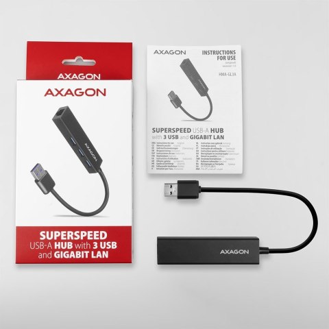 Axagon HMA-GL3A Multiport-Hub USB 3.0 Typ A Gbit-LAN 3x USB-A microSD Przewodowa USB 3.2 Gen 1 (3.1 Gen 1) Type-A Czarny Axagon HMA-GL3A Multiport-Hub USB 3.0 Typ A Gbit-LAN 3x USB-A microSD Przewodowa USB 3.2 Gen 1 (3.1 Gen 1) Type-A Czarny