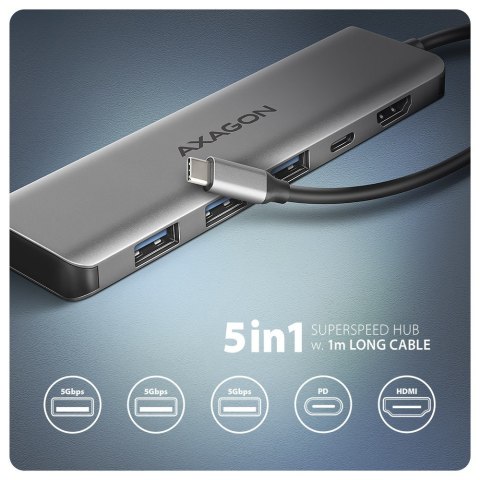 Axagon HMC-5H USB-C 3.2 Gen 1 hub 3x USB-A 4K HDMI PD 100W - Silber Przewodowa USB 3.2 Gen 1 (3.1 Gen 1) Type-C Srebrny Axagon HMC-5H USB-C 3.2 Gen 1 hub 3x USB-A 4K HDMI PD 100W - Silber Przewodowa USB 3.2 Gen 1 (3.1 Gen 1) Type-C Srebrny