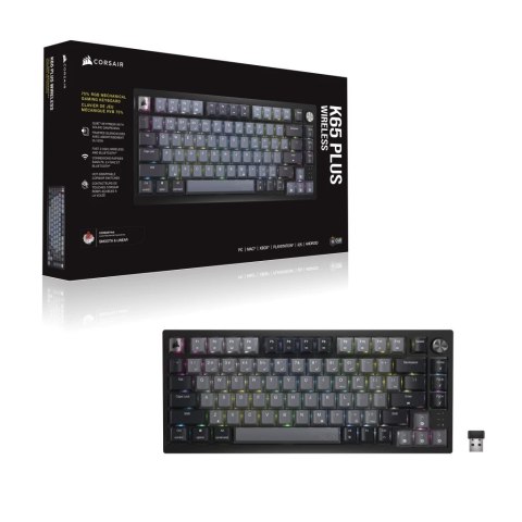 Bezprzewodowa klawiatura gamingowa Corsair Gaming K65 Plus 75% RGB, MLX RED - Czarny, Szary