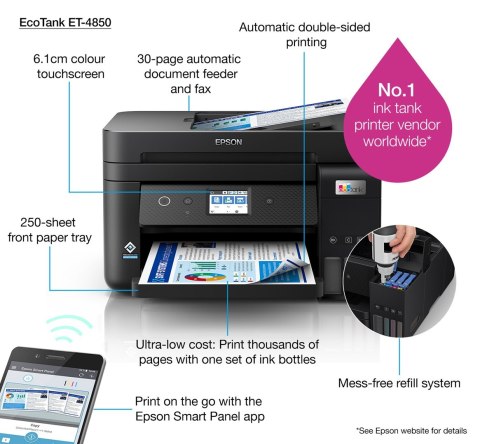 Epson EcoTank ET-4850 Atramentowa A4 4800 x 1200 DPI 33 stron/min Wi-Fi Epson EcoTank ET-4850 Atramentowa A4 4800 x 1200 DPI 33 stron/min Wi-Fi