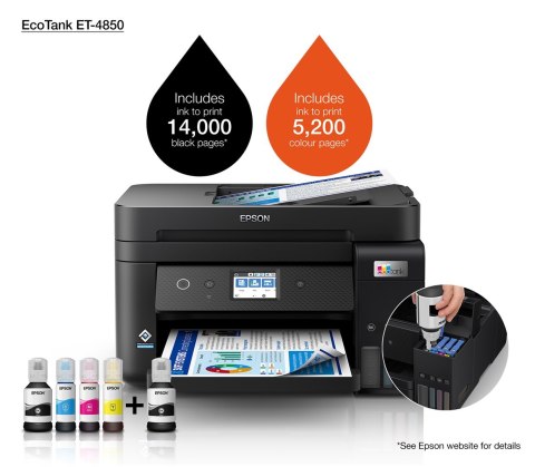 Epson EcoTank ET-4850 Atramentowa A4 4800 x 1200 DPI 33 stron/min Wi-Fi Epson EcoTank ET-4850 Atramentowa A4 4800 x 1200 DPI 33 stron/min Wi-Fi