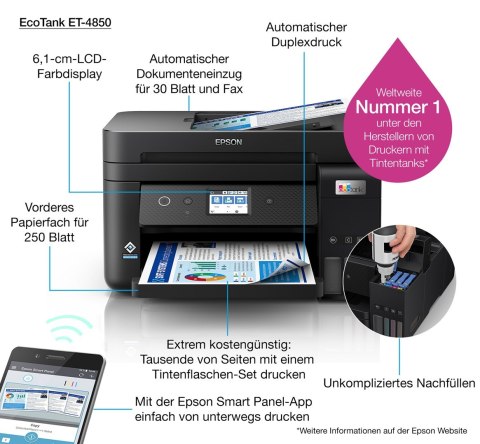 Epson EcoTank ET-4850 Atramentowa A4 4800 x 1200 DPI 33 stron/min Wi-Fi Epson EcoTank ET-4850 Atramentowa A4 4800 x 1200 DPI 33 stron/min Wi-Fi