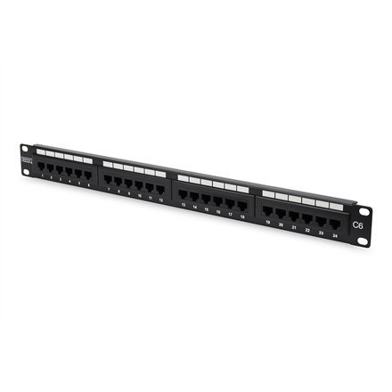 Digitus Panel krosowy (patch panel) 19'' 24x RJ45, LSA pion, kat.6, nieekranowany, 1U, czarny, prowadnica kabli, pola opisowe Digitus Panel krosowy (patch panel) 19'' 24x RJ45, LSA pion, kat.6, nieekranowany, 1U, czarny, prowadnica kabli, pola opisowe