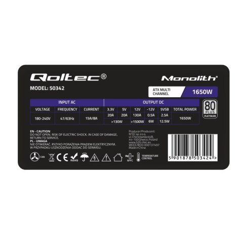 QOLTEC ZASILACZ ATX 1650W | 80 PLUS PLATINUM QOLTEC ZASILACZ ATX 1650W | 80 PLUS PLATINUM