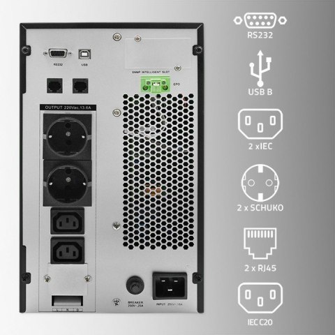 QOLTEC ZASILACZ AWARYJNY UPS 3KVA | 3000W | POWER FACTOR 1.0 | LCD | EPO | USB | ON-LINE QOLTEC ZASILACZ AWARYJNY UPS 3KVA | 3000W | POWER FACTOR 1.0 | LCD | EPO | USB | ON-LINE