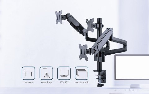 Gembird MA-DA3-01 Regulowane biurkowe ramię na 3 monitory, 17"-27", do 7 kg Gembird MA-DA3-01 Regulowane biurkowe ramię na 3 monitory, 17"-27", do 7 kg
