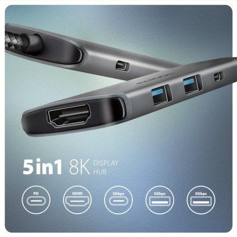 Axagon HMC-5H8K USB 5Gbps hub 2x USB-A USB-C HDMI 8k/30Hz PD 100W kabel USB-C Przewodowa USB 3.2 Gen 1 (3.1 Gen 1) Type-C Szary Axagon HMC-5H8K USB 5Gbps hub 2x USB-A USB-C HDMI 8k/30Hz PD 100W kabel USB-C Przewodowa USB 3.2 Gen 1 (3.1 Gen 1) Type-C Szary