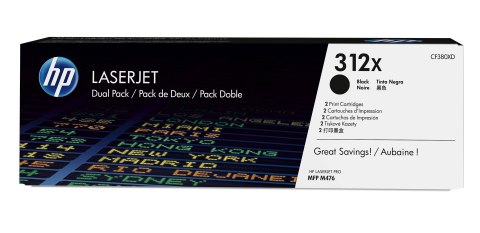 HP 312X zestaw 2 oryginalnych, wysokowydajnych wkładów laserowych czarnych HP 312X zestaw 2 oryginalnych, wysokowydajnych wkładów laserowych czarnych