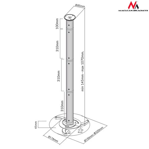 Uchwyt sufitowy do projektora Maclean MC-517 (80 mm - 980 mm; 10 kg; kolor srebrny)