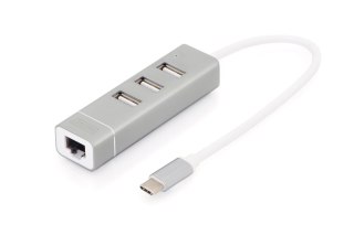HUB 3-portowy USB 2.0 HighSpeed z Typ C oraz LANFast Ethernet LAN adapter, aluminium