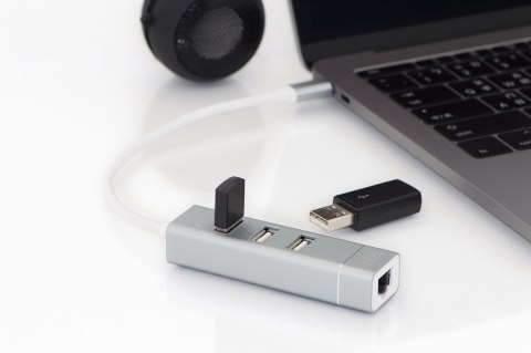 HUB 3-portowy USB 2.0 HighSpeed z Typ C oraz LANFast Ethernet LAN adapter, aluminium