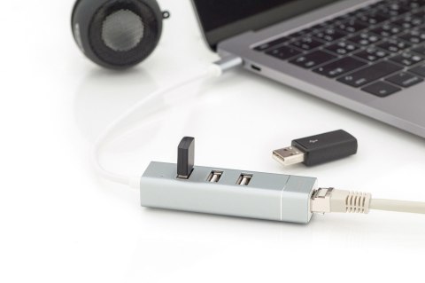 HUB 3-portowy USB 2.0 HighSpeed z Typ C oraz LANFast Ethernet LAN adapter, aluminium