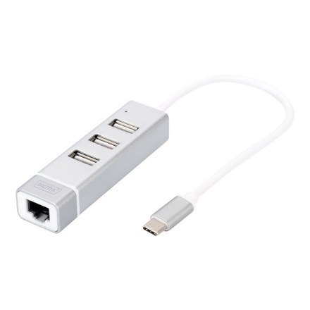 HUB 3-portowy USB 2.0 HighSpeed z Typ C oraz LANFast Ethernet LAN adapter, aluminium