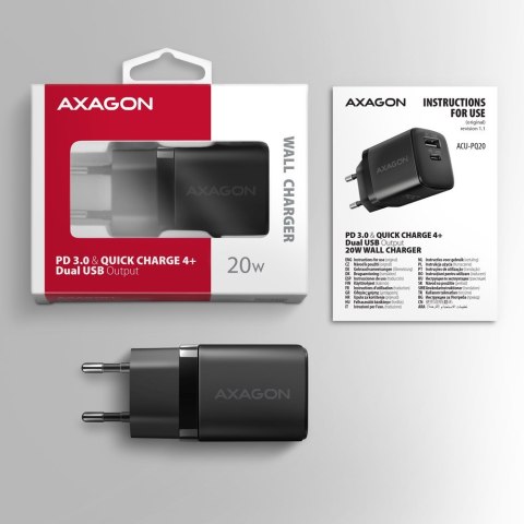 MOBILE CHARGER WALL USB 20W/2PORT BLACK ACU-PQ20 AXAGON MOBILE CHARGER WALL USB 20W/2PORT BLACK ACU-PQ20 AXAGON