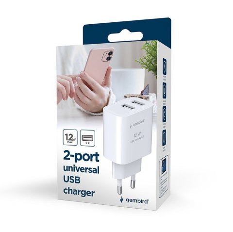GEMBIRD 2-PORTOWA ŁADOWARKA SIECIOWA 2X USB-A, BIAŁA GEMBIRD 2-PORTOWA ŁADOWARKA SIECIOWA 2X USB-A, BIAŁA