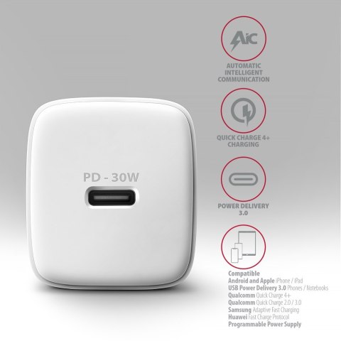 Axagon ACU-PD30W wall charger 1x QC3.0/AFC/FCP/PD type-C 30W white Telefon komórkowy, Smartfon, Smartwatch, Tablet, Uniwersalne Axagon ACU-PD30W wall charger 1x QC3.0/AFC/FCP/PD type-C 30W white Telefon komórkowy, Smartfon, Smartwatch, Tablet, Uniwersalne