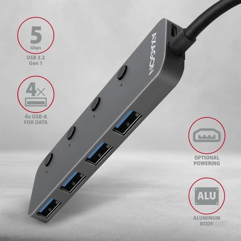 Axagon HUE-MSA Superspeed USB-A Switch Hub 4x USB 3.0 aktiv - 20cm schwarz USB 3.2 Gen 1 (3.1 Gen 1) Type-A 5000 Mbit/s Szary