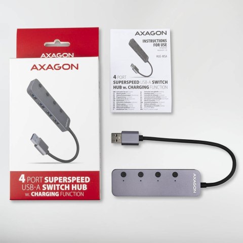 Axagon HUE-MSA Superspeed USB-A Switch Hub 4x USB 3.0 aktiv - 20cm schwarz USB 3.2 Gen 1 (3.1 Gen 1) Type-A 5000 Mbit/s Szary
