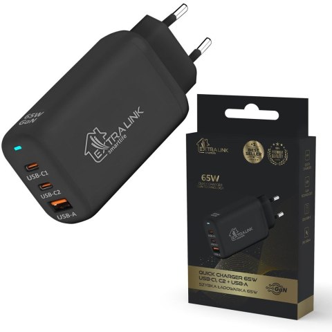 Extralink Smart Life Fast Charger 65W GaN | Ładowarka | 2x USB-C, USB-A, CHARESL02 Extralink Smart Life Fast Charger 65W GaN | Ładowarka | 2x USB-C, USB-A, CHARESL02