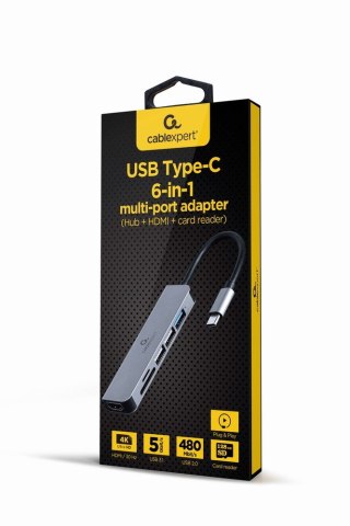 Gembird A-CM-COMBO6-02 stacja dokująca Przewodowa USB 3.2 Gen 1 (3.1 Gen 1) Type-C Szary