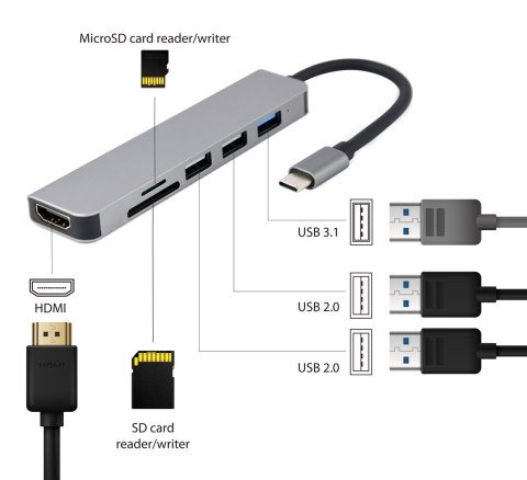 Gembird A-CM-COMBO6-02 stacja dokująca Przewodowa USB 3.2 Gen 1 (3.1 Gen 1) Type-C Szary