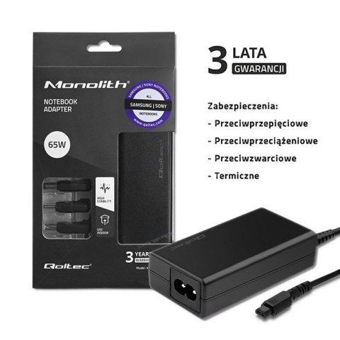 Qoltec 52415 Zasilacz specjalizowany do Samsung Sony 65W | 3 wtyczki | + kabel zasilający