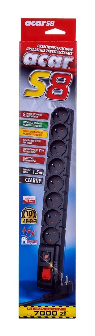 ACAR S8 rozgałęziacz 1,5 m 8 x gniazdo sieciowe Wewnętrzna Czarny